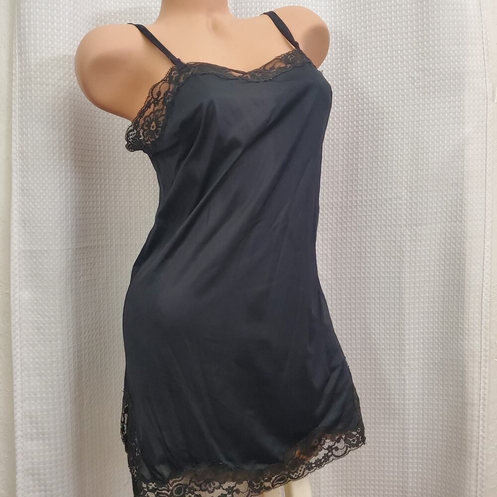 Vintage Val Mode Black Nylon Full Slip Nightgown Size 34 Lace Trim Mini 32"